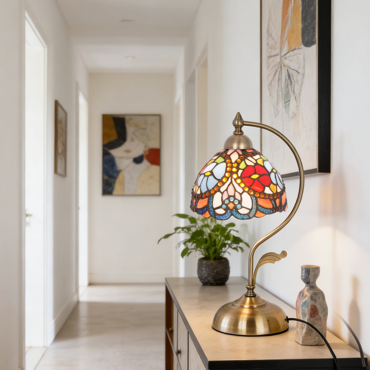 17.3" Tiffany-Style Floral Stained Glass Table Lamp, Antique Brass Gooseneck Frame, 7.5" Shade, E26