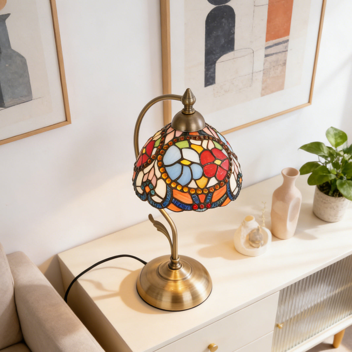17.3" Tiffany-Style Floral Stained Glass Table Lamp, Antique Brass Gooseneck Frame, 7.5" Shade, E26