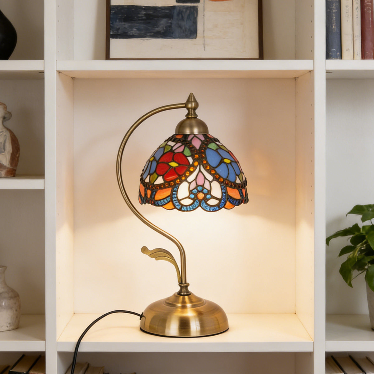 17.3" Tiffany-Style Floral Stained Glass Table Lamp, Antique Brass Gooseneck Frame, 7.5" Shade, E26