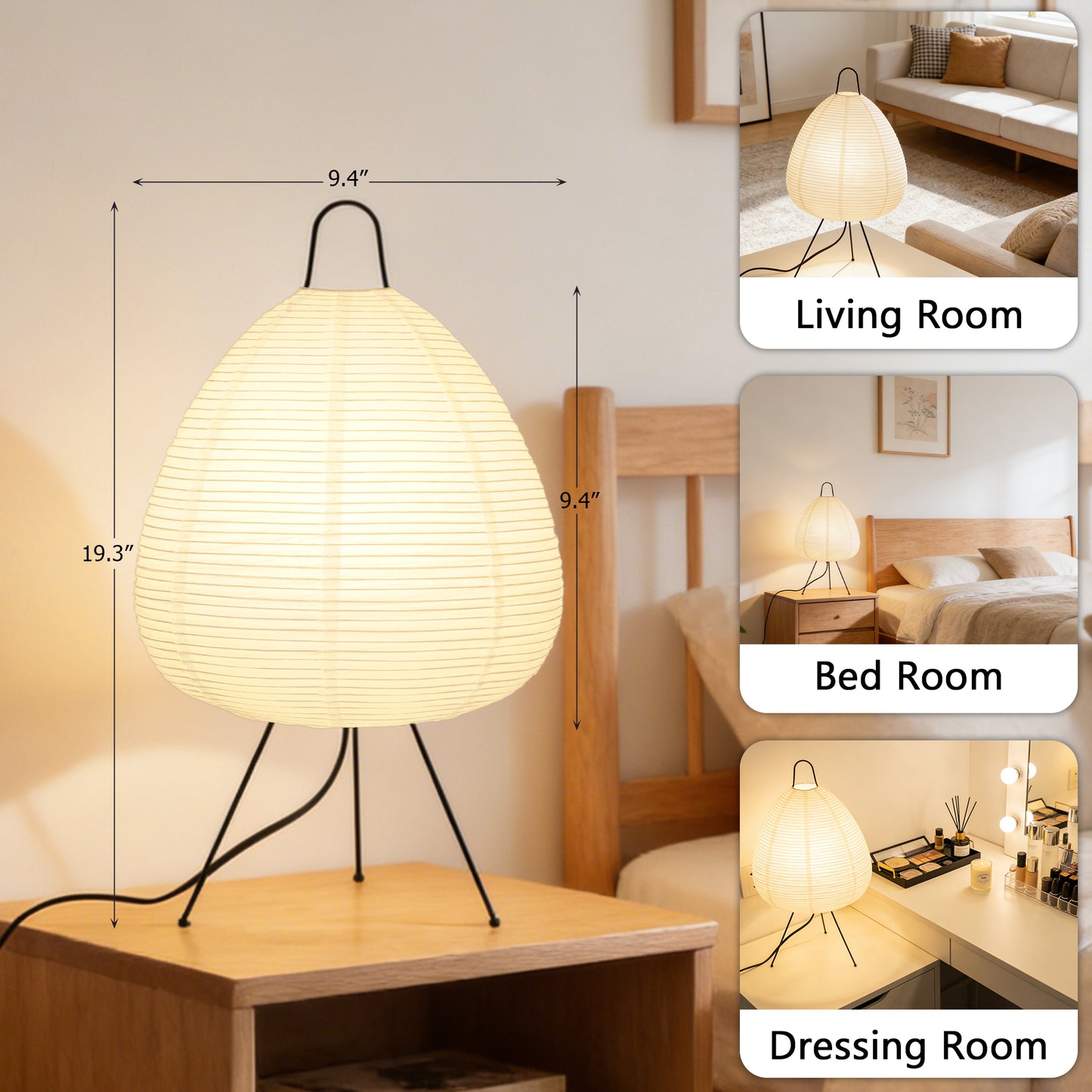 Wabi-Sabi Rice Paper Table Lamp | 3-Color Dimmable Tripod Desk Lamp