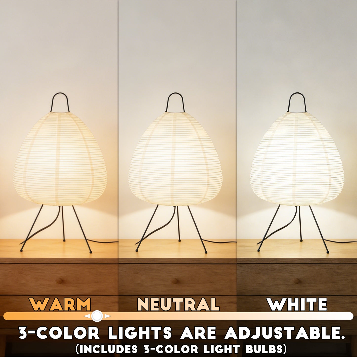 Wabi-Sabi Rice Paper Table Lamp | 3-Color Dimmable Tripod Desk Lamp