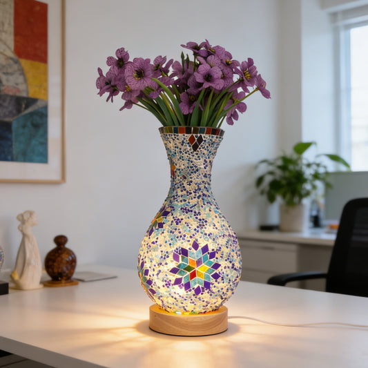 Bohemian Mosaic Vase Table Lamp - 2-in-1 Flower Vase & 3-Color Dimmable LED Night Light, Stained Glass Accent Lamp (Flowers Not Included)