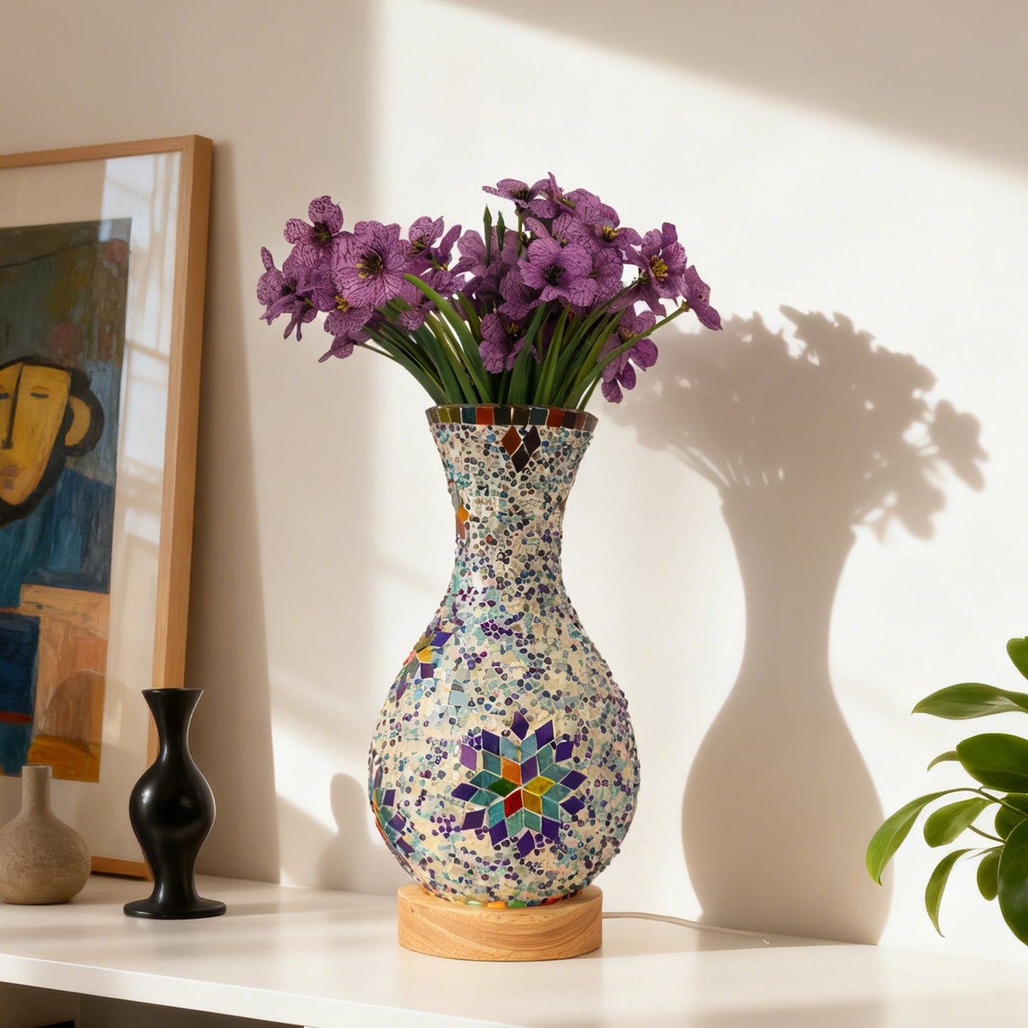 Bohemian Mosaic Vase Table Lamp - 2-in-1 Flower Vase & 3-Color Dimmable LED Night Light, Stained Glass Accent Lamp (Flowers Not Included)