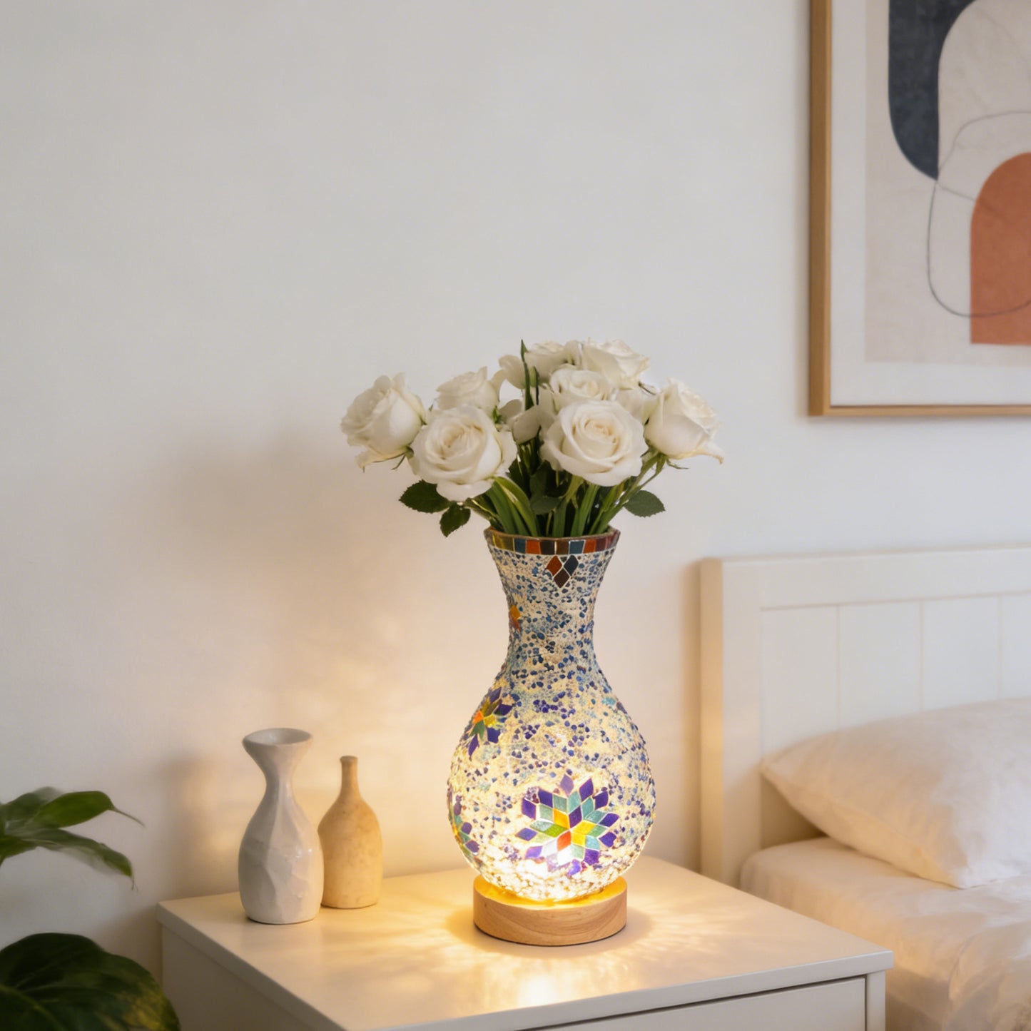 Bohemian Mosaic Vase Table Lamp - 2-in-1 Flower Vase & 3-Color Dimmable LED Night Light, Stained Glass Accent Lamp (Flowers Not Included)