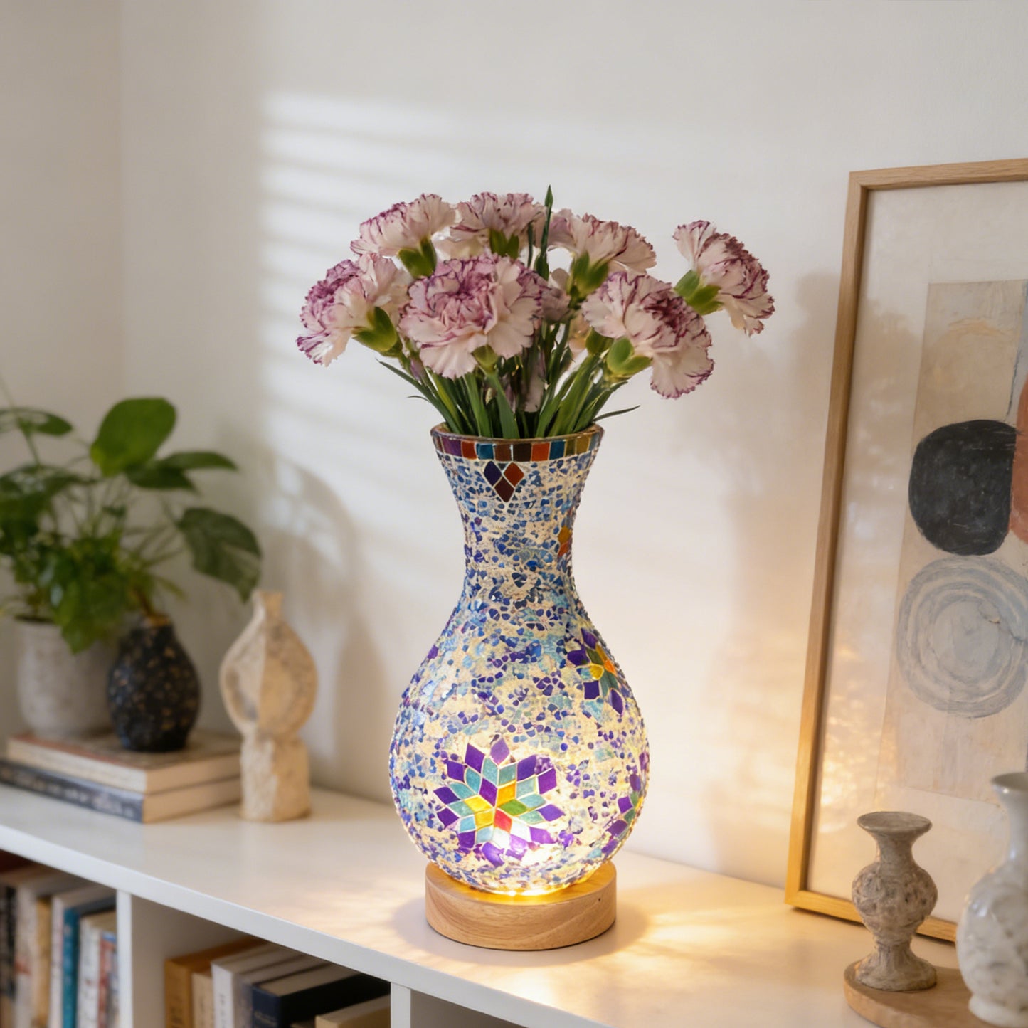 Bohemian Mosaic Vase Table Lamp - 2-in-1 Flower Vase & 3-Color Dimmable LED Night Light, Stained Glass Accent Lamp (Flowers Not Included)