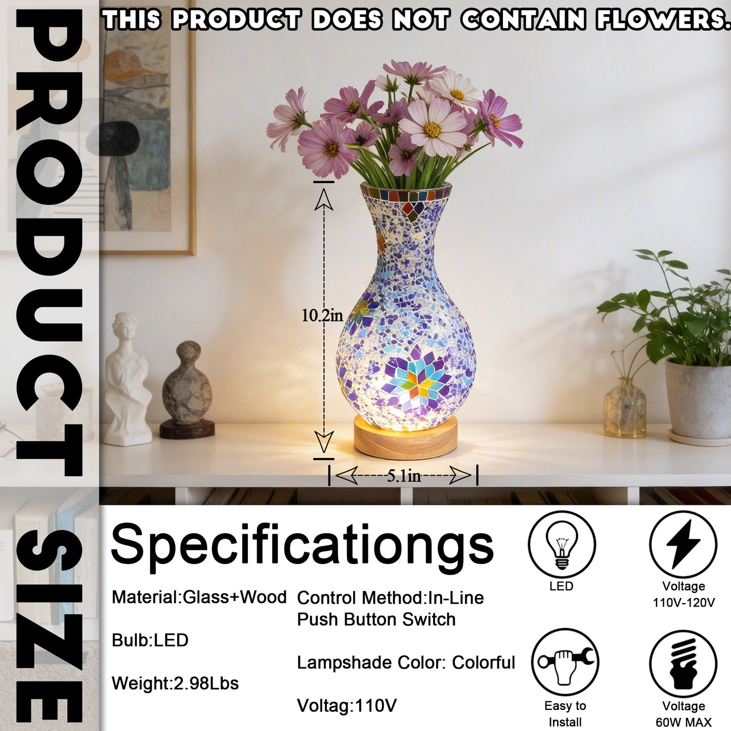 Bohemian Mosaic Vase Table Lamp - 2-in-1 Flower Vase & 3-Color Dimmable LED Night Light, Stained Glass Accent Lamp (Flowers Not Included)