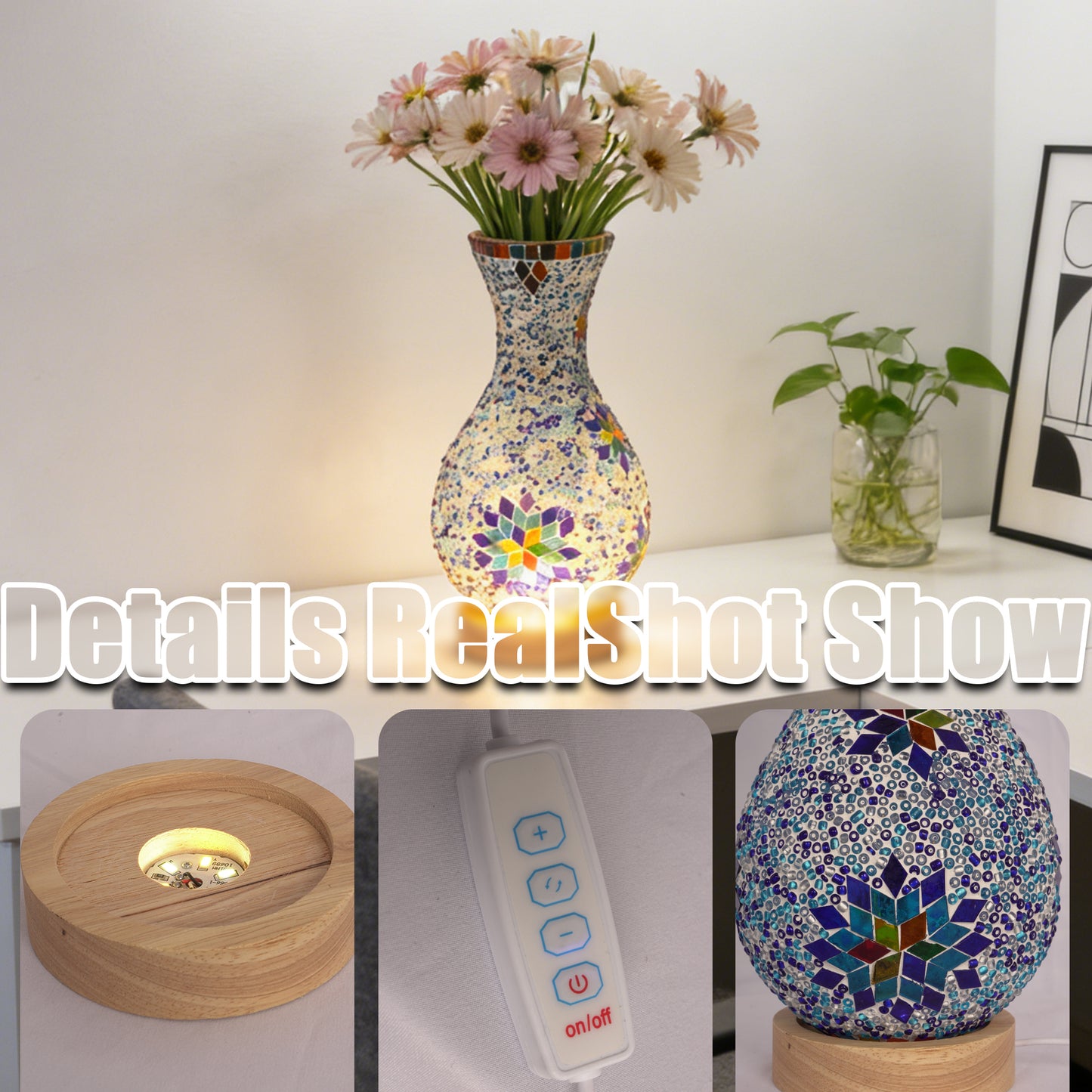 Bohemian Mosaic Vase Table Lamp - 2-in-1 Flower Vase & 3-Color Dimmable LED Night Light, Stained Glass Accent Lamp (Flowers Not Included)