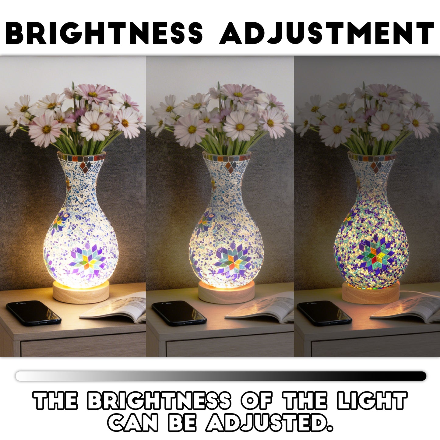 Bohemian Mosaic Vase Table Lamp - 2-in-1 Flower Vase & 3-Color Dimmable LED Night Light, Stained Glass Accent Lamp (Flowers Not Included)