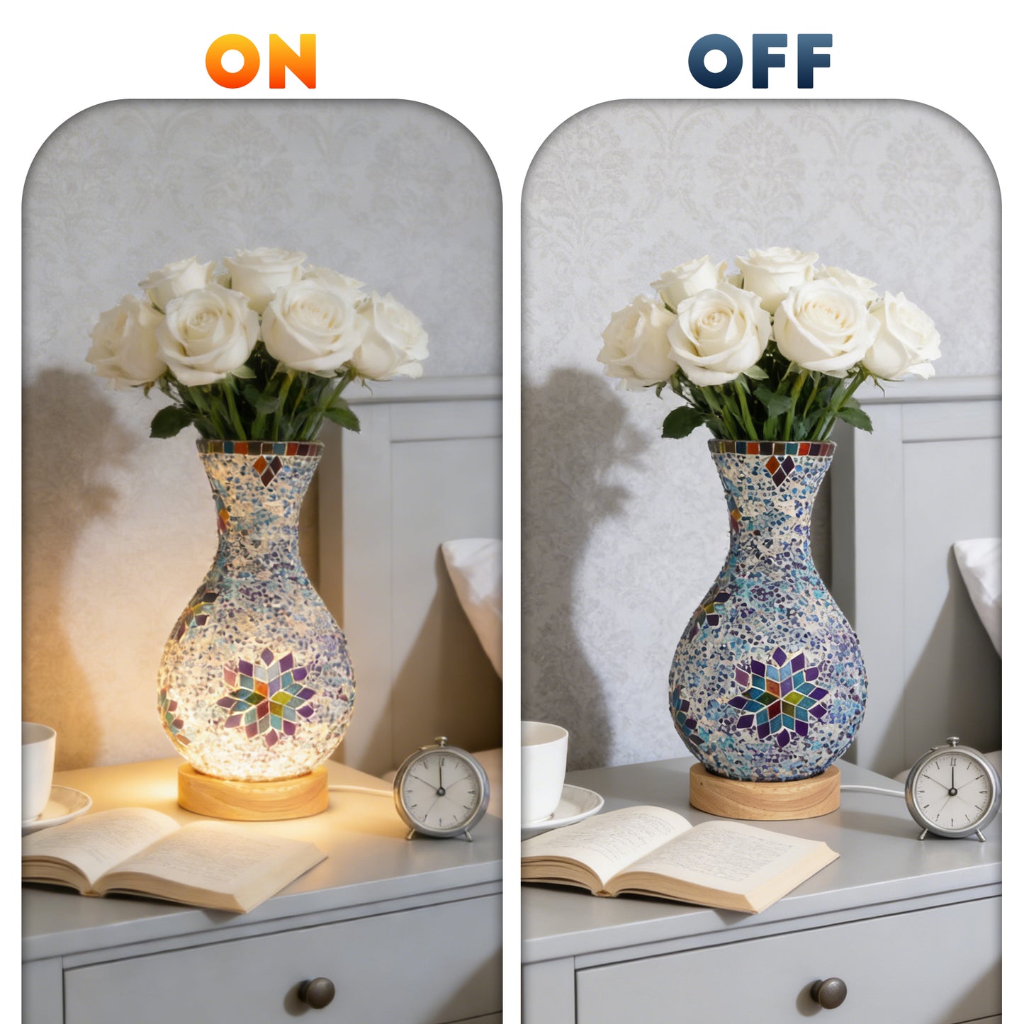 Bohemian Mosaic Vase Table Lamp - 2-in-1 Flower Vase & 3-Color Dimmable LED Night Light, Stained Glass Accent Lamp (Flowers Not Included)