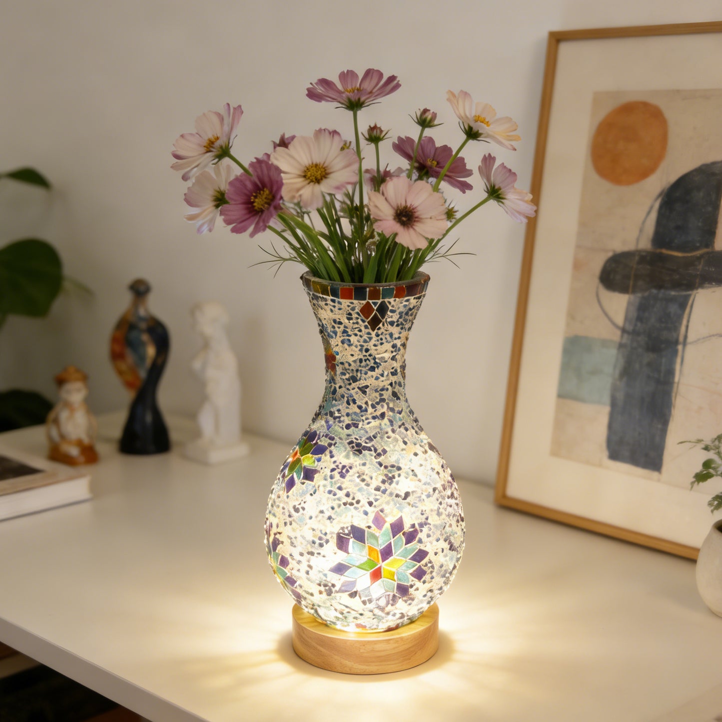 Bohemian Mosaic Vase Table Lamp - 2-in-1 Flower Vase & 3-Color Dimmable LED Night Light, Stained Glass Accent Lamp (Flowers Not Included)