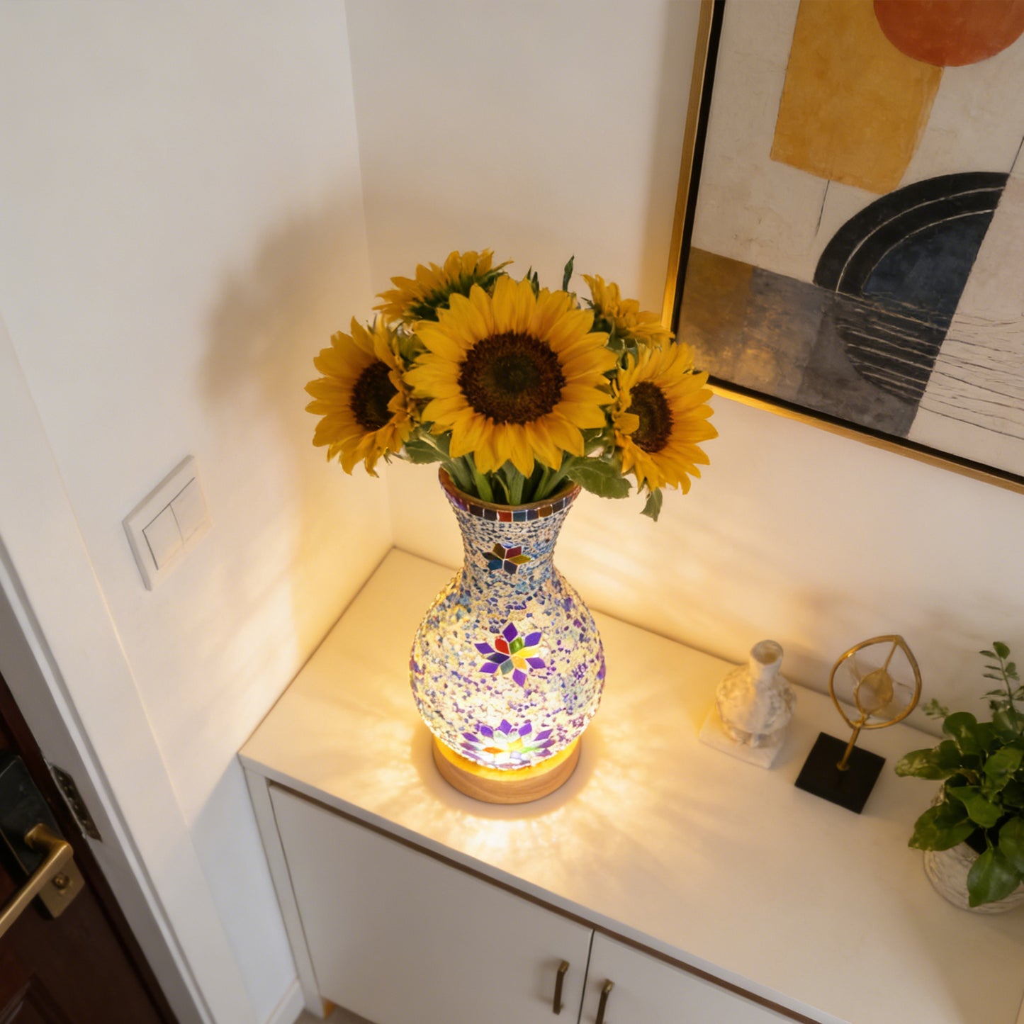 Bohemian Mosaic Vase Table Lamp - 2-in-1 Flower Vase & 3-Color Dimmable LED Night Light, Stained Glass Accent Lamp (Flowers Not Included)