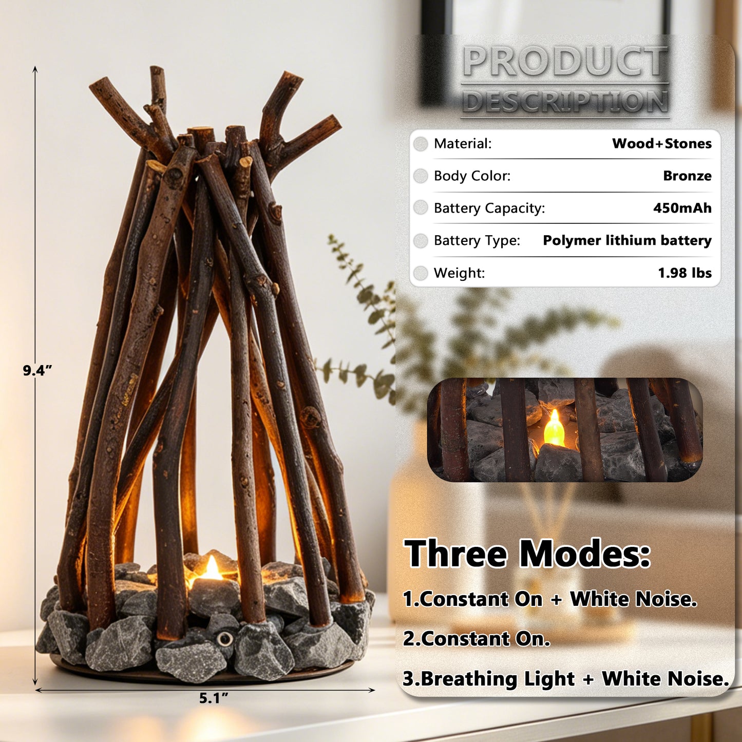 Rustic Campfire Table Lamp with White Noise | 3 Modes Rechargeable Flameless LED Fire Light