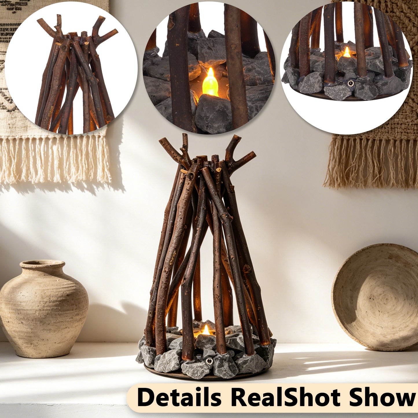 Rustic Campfire Table Lamp with White Noise | 3 Modes Rechargeable Flameless LED Fire Light
