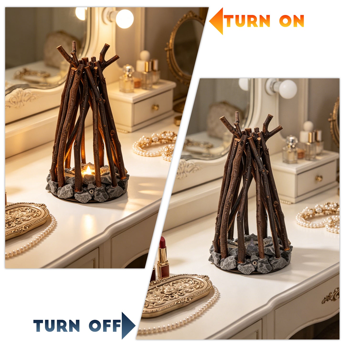 Rustic Campfire Table Lamp with White Noise | 3 Modes Rechargeable Flameless LED Fire Light