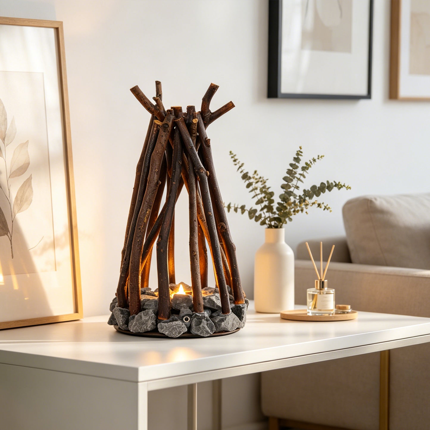 Rustic Campfire Table Lamp with White Noise | 3 Modes Rechargeable Flameless LED Fire Light