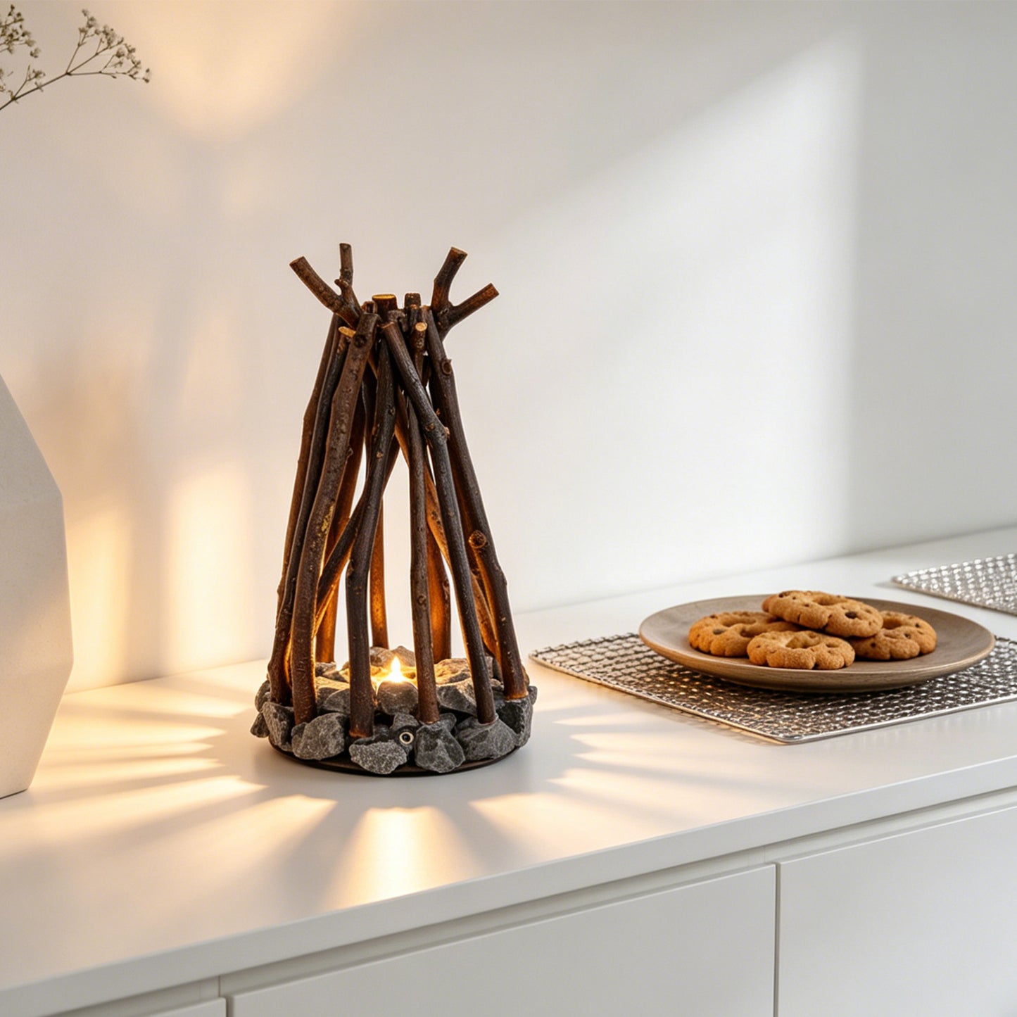 Rustic Campfire Table Lamp with White Noise | 3 Modes Rechargeable Flameless LED Fire Light