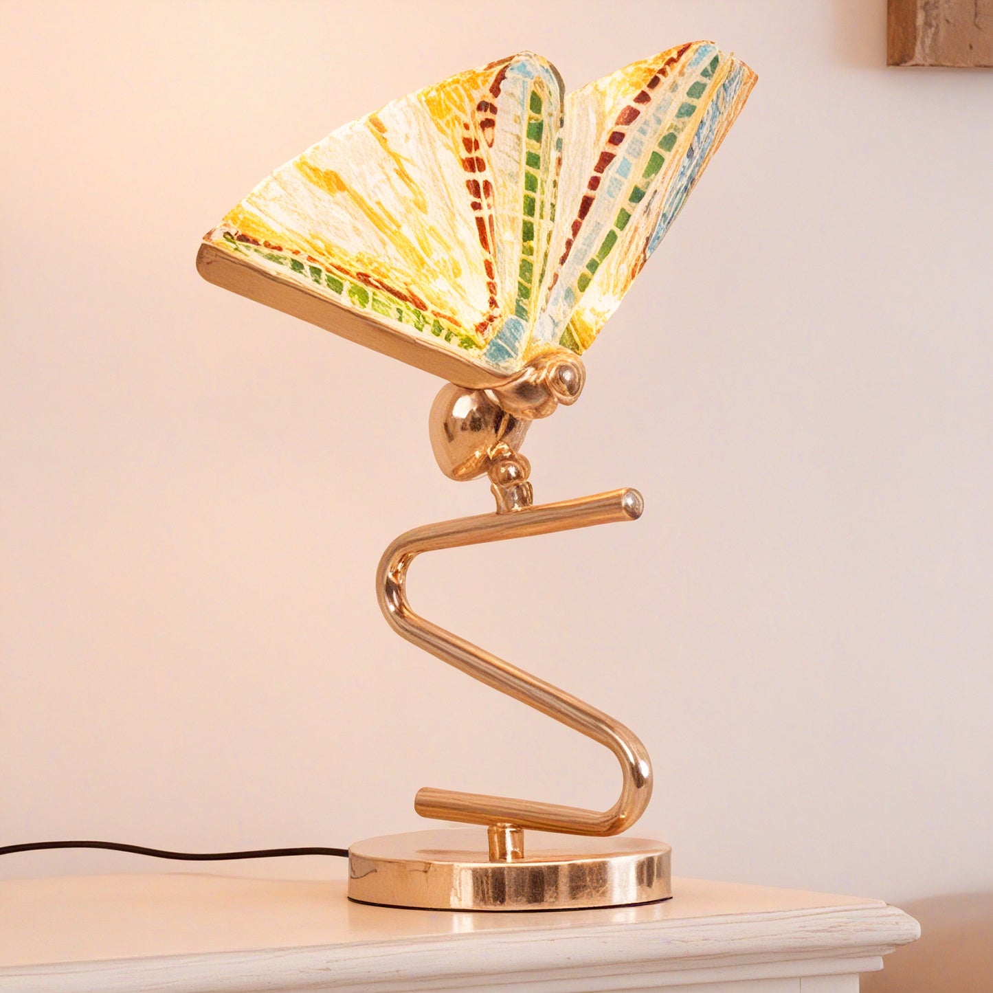 Art Deco Butterfly Stained Glass Table Lamp - 3-Color Dimmable LED Accent Lamp with Gold S-Shaped Wrought Iron Base, Mosaic Butterfly Wing Shade