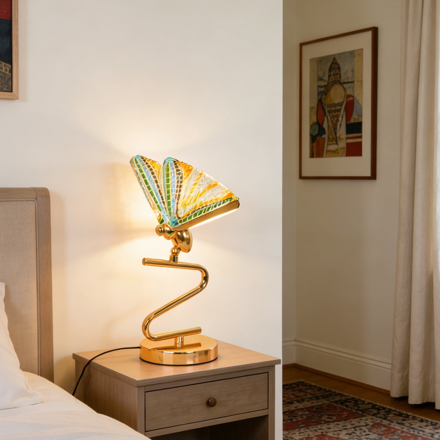 Art Deco Butterfly Stained Glass Table Lamp - 3-Color Dimmable LED Accent Lamp with Gold S-Shaped Wrought Iron Base, Mosaic Butterfly Wing Shade
