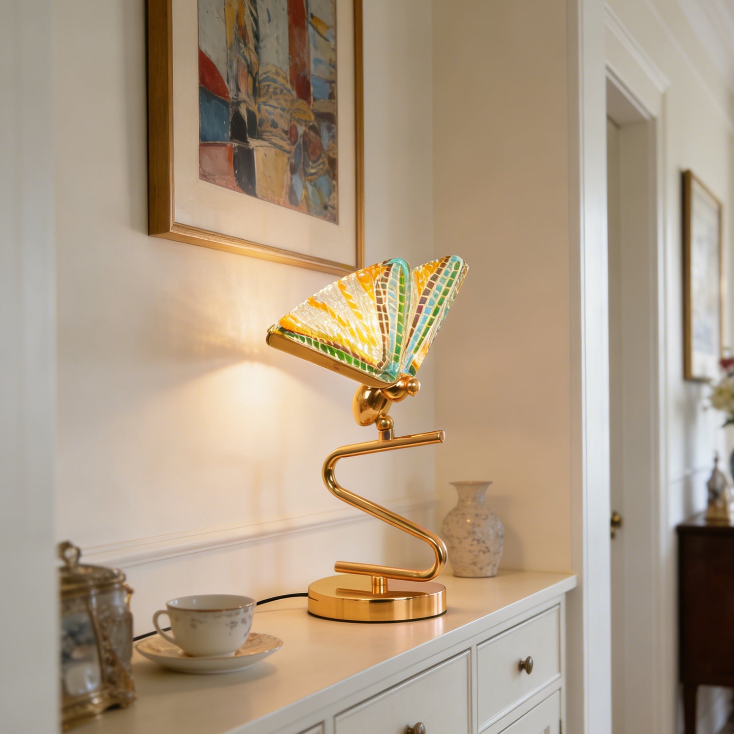 Art Deco Butterfly Stained Glass Table Lamp - 3-Color Dimmable LED Accent Lamp with Gold S-Shaped Wrought Iron Base, Mosaic Butterfly Wing Shade