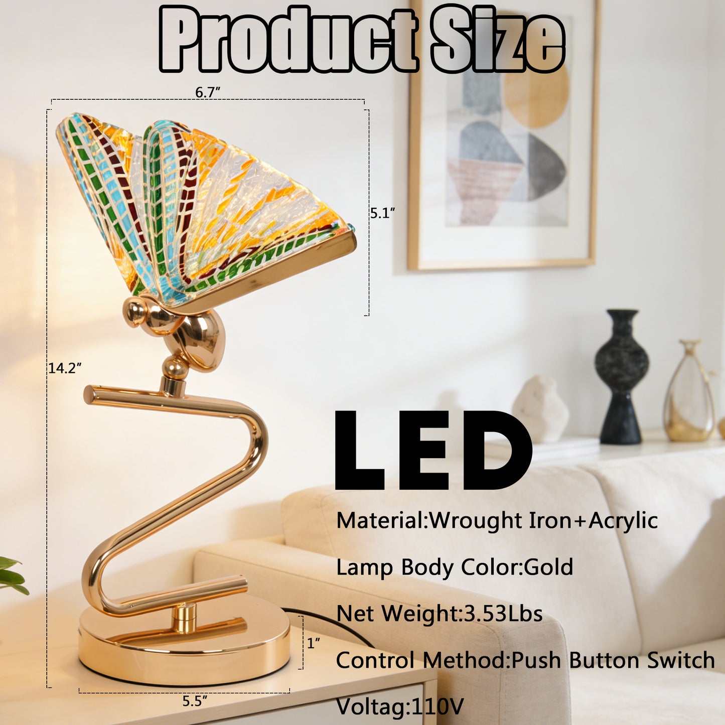 Art Deco Butterfly Stained Glass Table Lamp - 3-Color Dimmable LED Accent Lamp with Gold S-Shaped Wrought Iron Base, Mosaic Butterfly Wing Shade