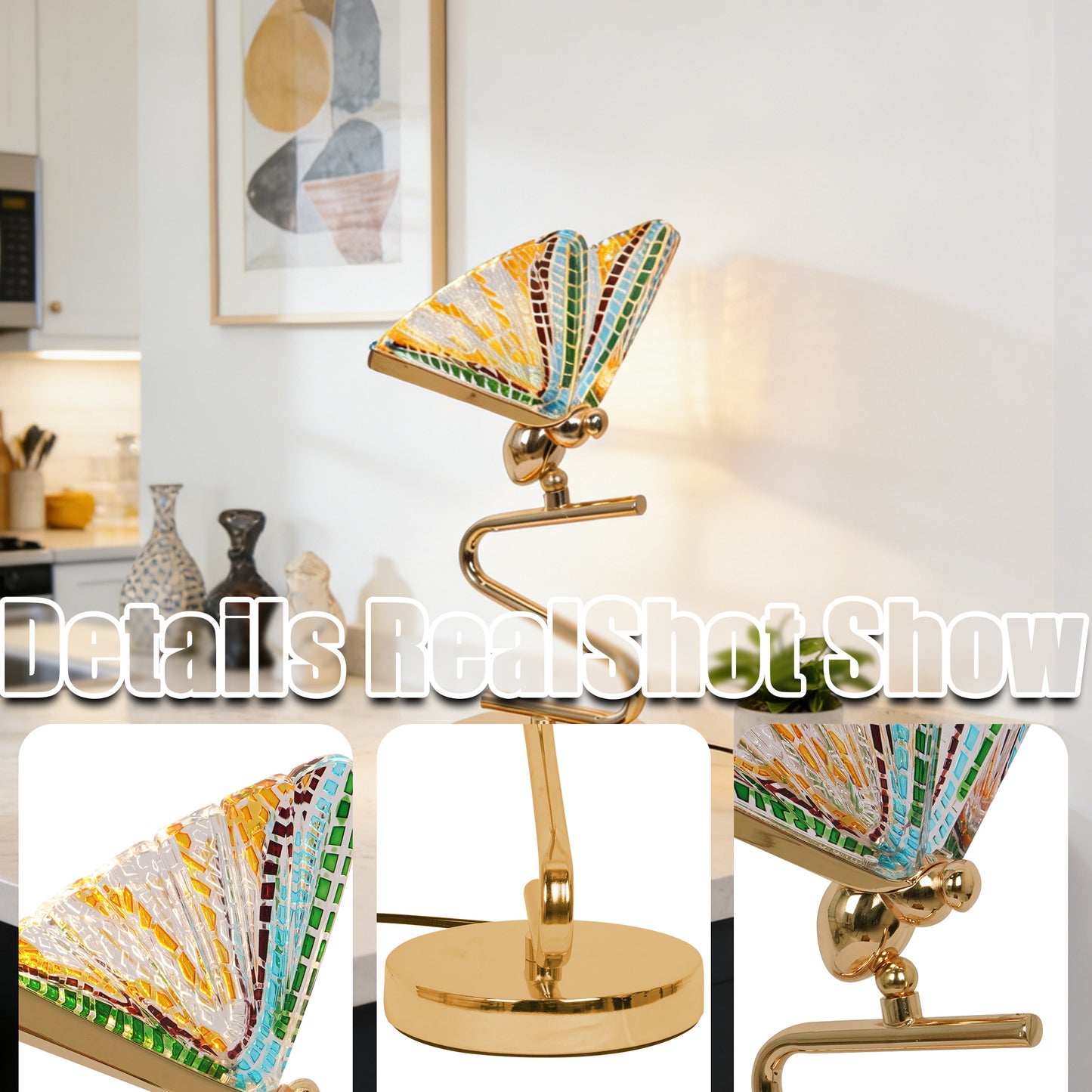 Art Deco Butterfly Stained Glass Table Lamp - 3-Color Dimmable LED Accent Lamp with Gold S-Shaped Wrought Iron Base, Mosaic Butterfly Wing Shade