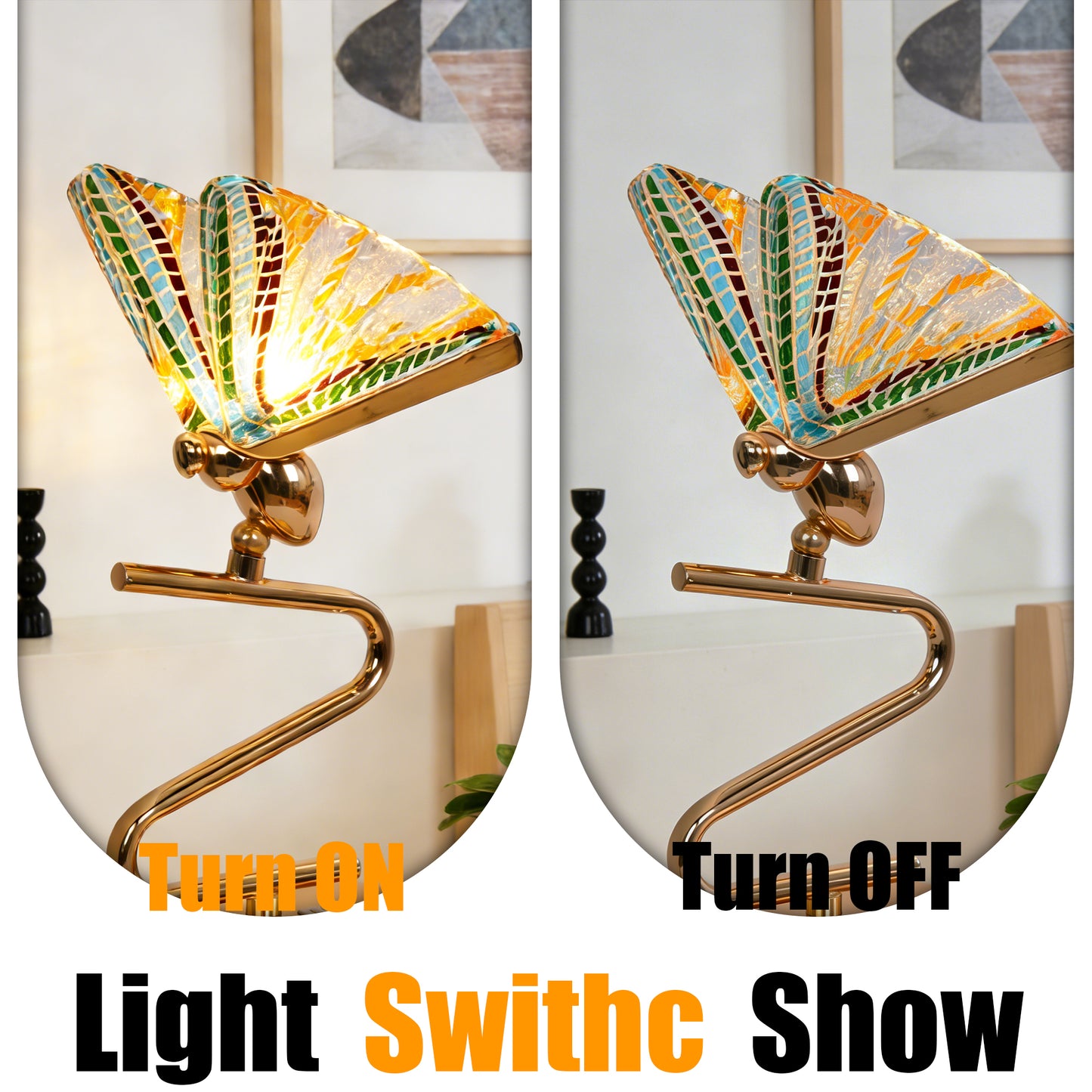 Art Deco Butterfly Stained Glass Table Lamp - 3-Color Dimmable LED Accent Lamp with Gold S-Shaped Wrought Iron Base, Mosaic Butterfly Wing Shade