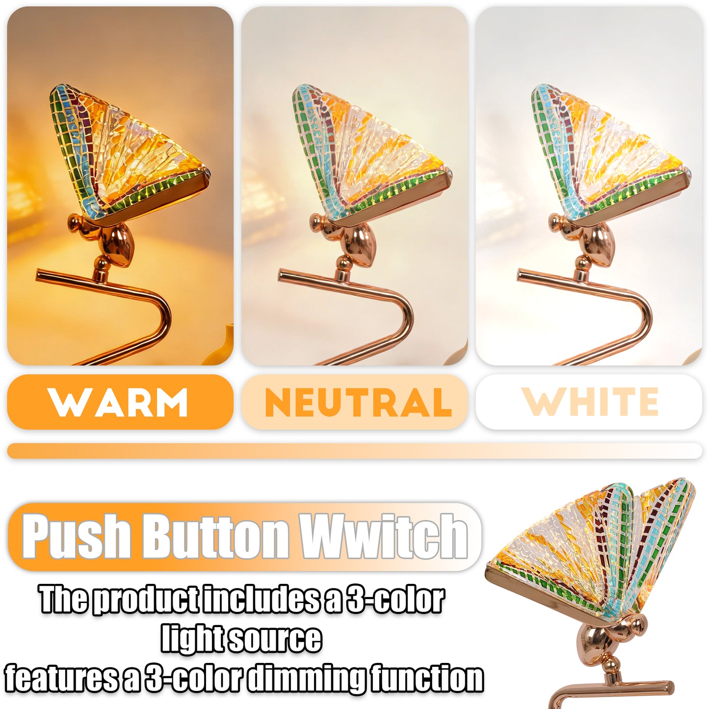 Art Deco Butterfly Stained Glass Table Lamp - 3-Color Dimmable LED Accent Lamp with Gold S-Shaped Wrought Iron Base, Mosaic Butterfly Wing Shade