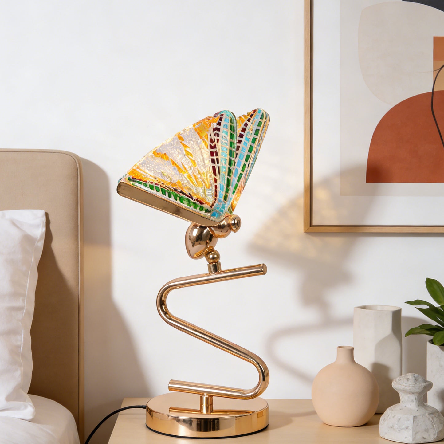Art Deco Butterfly Stained Glass Table Lamp - 3-Color Dimmable LED Accent Lamp with Gold S-Shaped Wrought Iron Base, Mosaic Butterfly Wing Shade