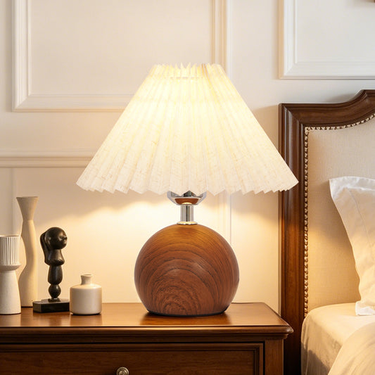 Modern Wood Table Lamp with Pleated Linen Shade | 3-Color Dimmable Small Nightstand Lamp