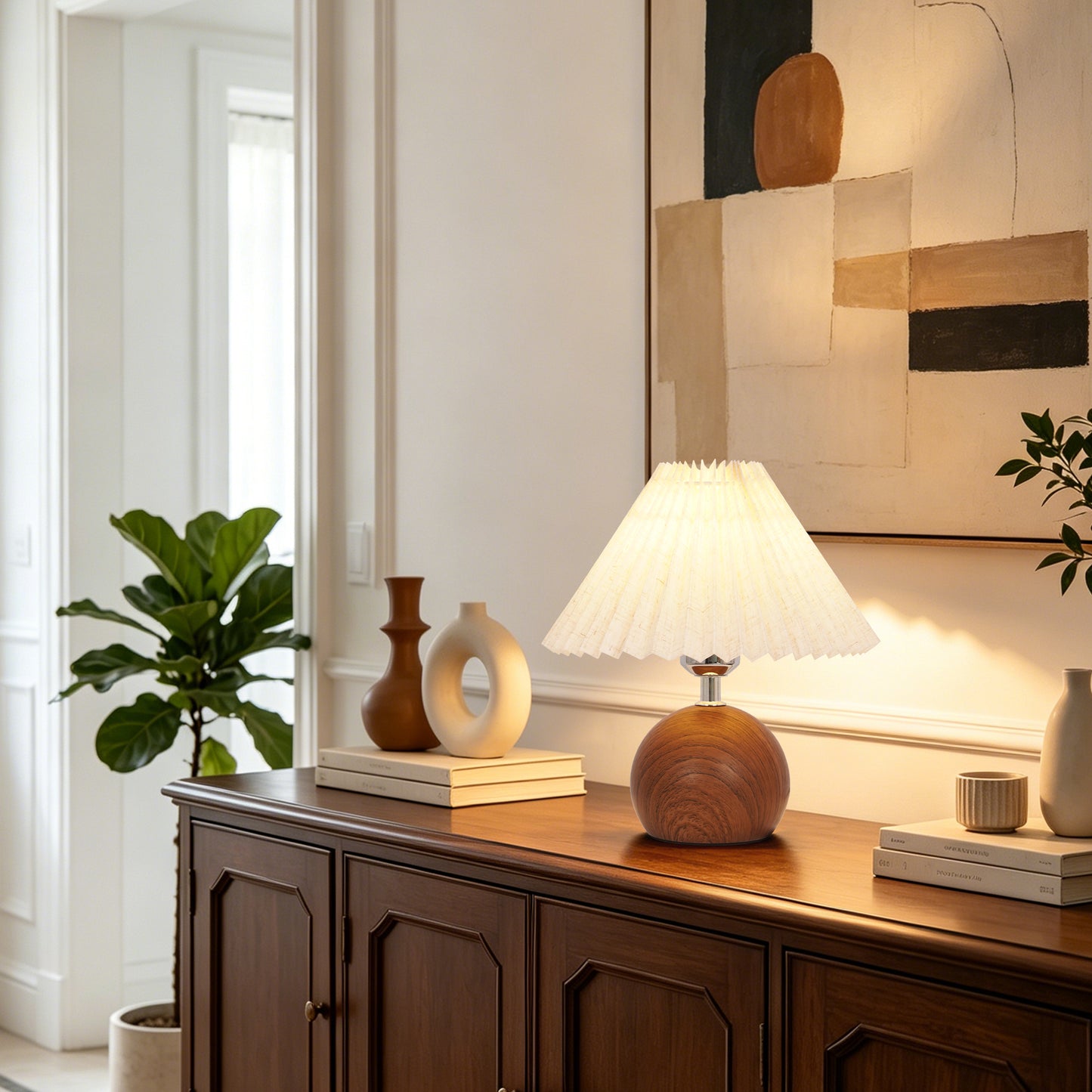 Modern Wood Table Lamp with Pleated Linen Shade | 3-Color Dimmable Small Nightstand Lamp