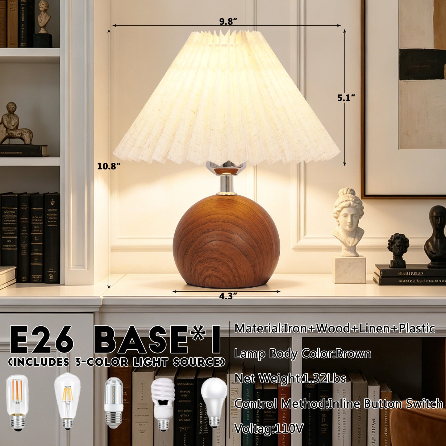 Modern Wood Table Lamp with Pleated Linen Shade | 3-Color Dimmable Small Nightstand Lamp