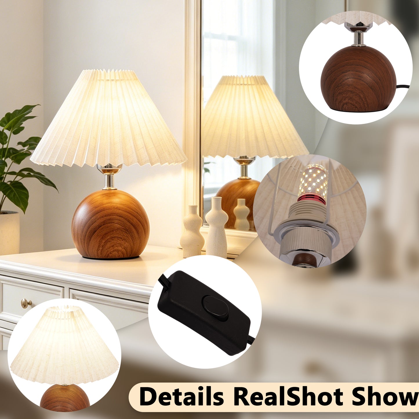 Modern Wood Table Lamp with Pleated Linen Shade | 3-Color Dimmable Small Nightstand Lamp