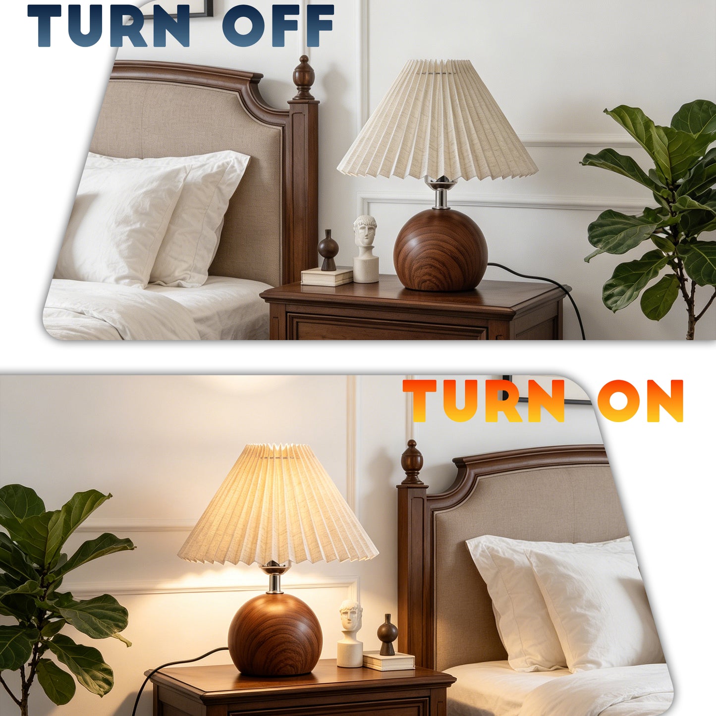 Modern Wood Table Lamp with Pleated Linen Shade | 3-Color Dimmable Small Nightstand Lamp