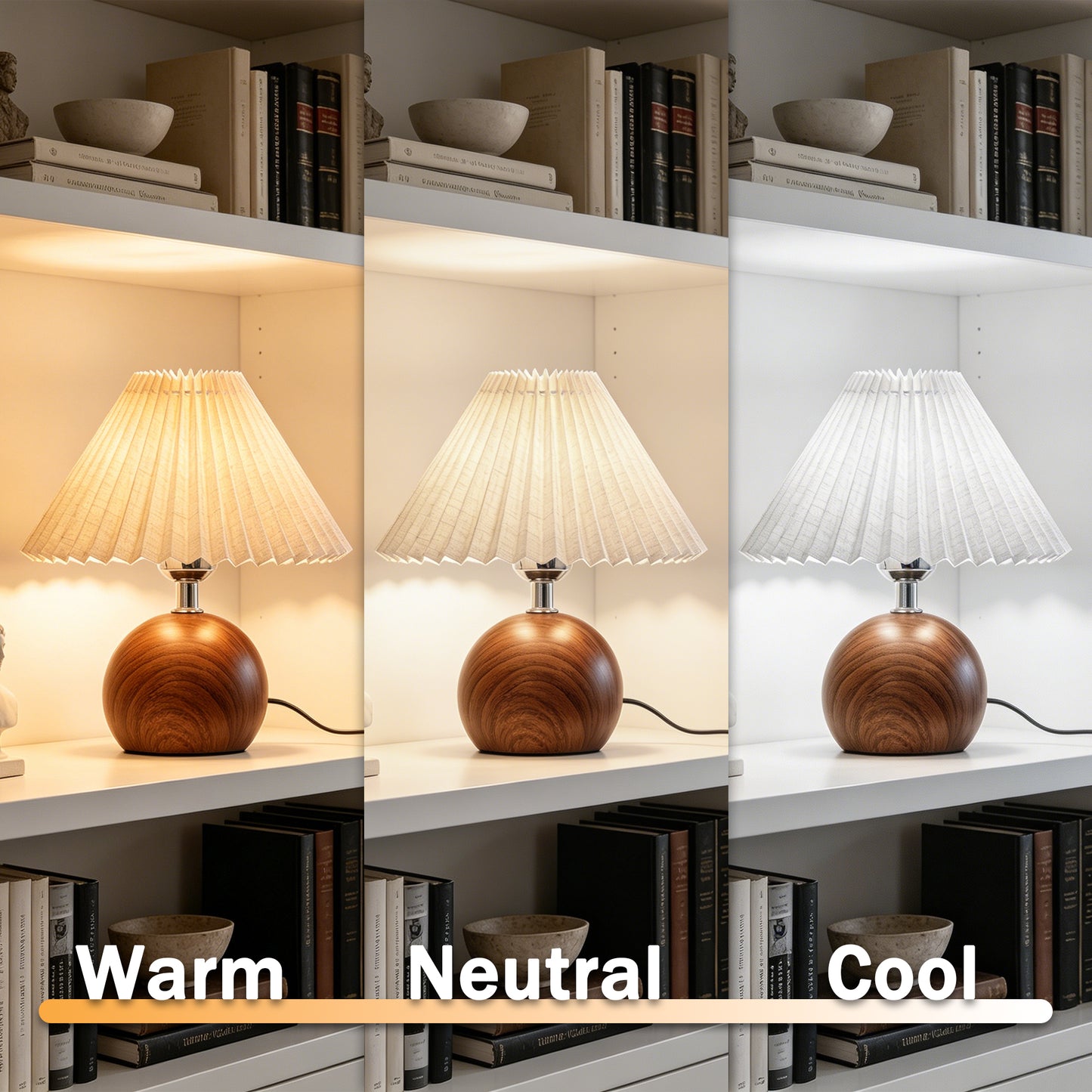 Modern Wood Table Lamp with Pleated Linen Shade | 3-Color Dimmable Small Nightstand Lamp
