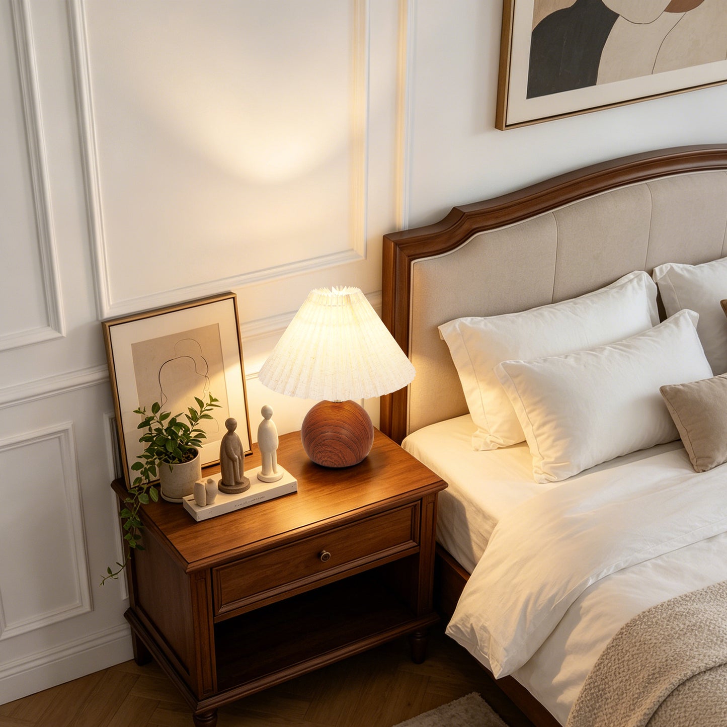 Modern Wood Table Lamp with Pleated Linen Shade | 3-Color Dimmable Small Nightstand Lamp