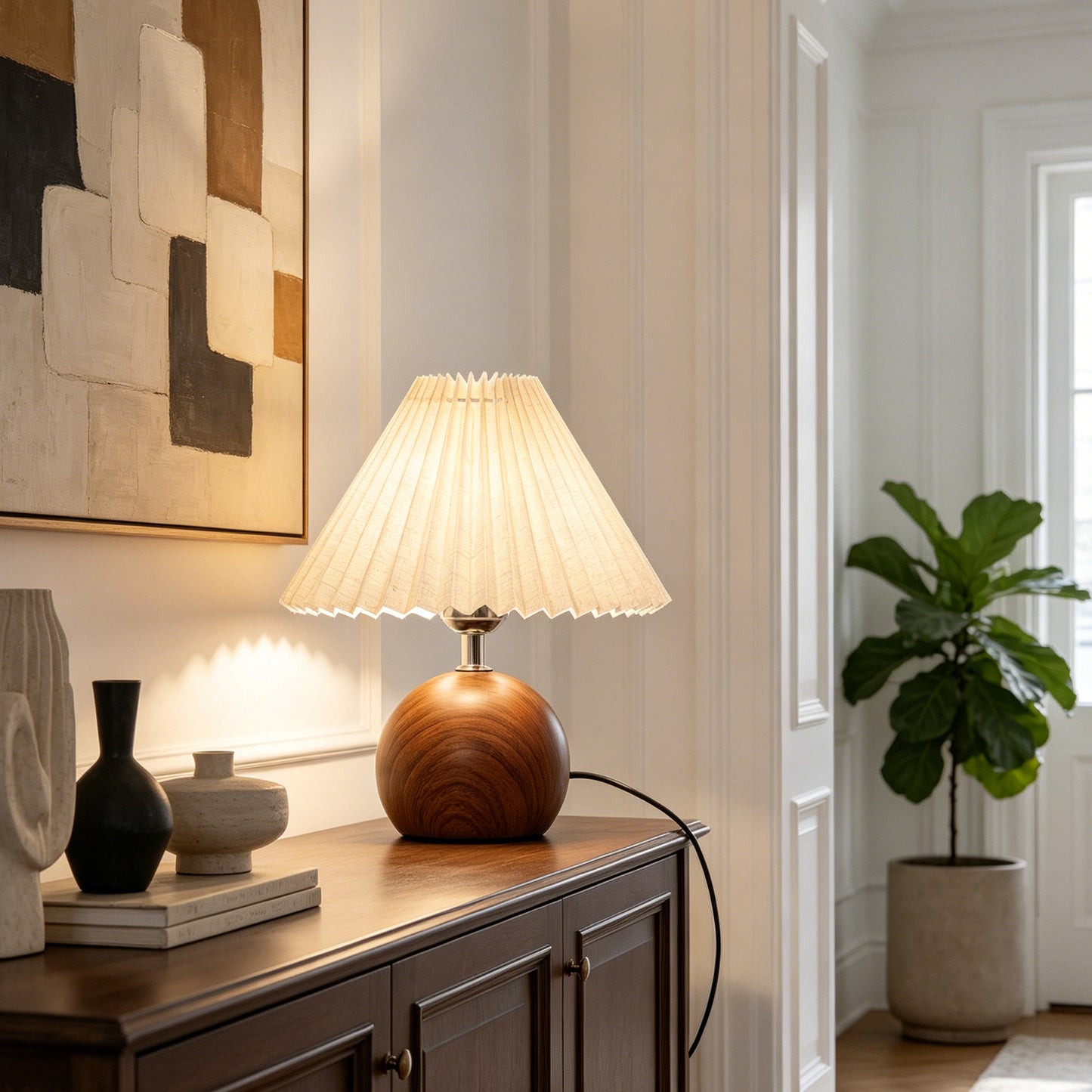 Modern Wood Table Lamp with Pleated Linen Shade | 3-Color Dimmable Small Nightstand Lamp