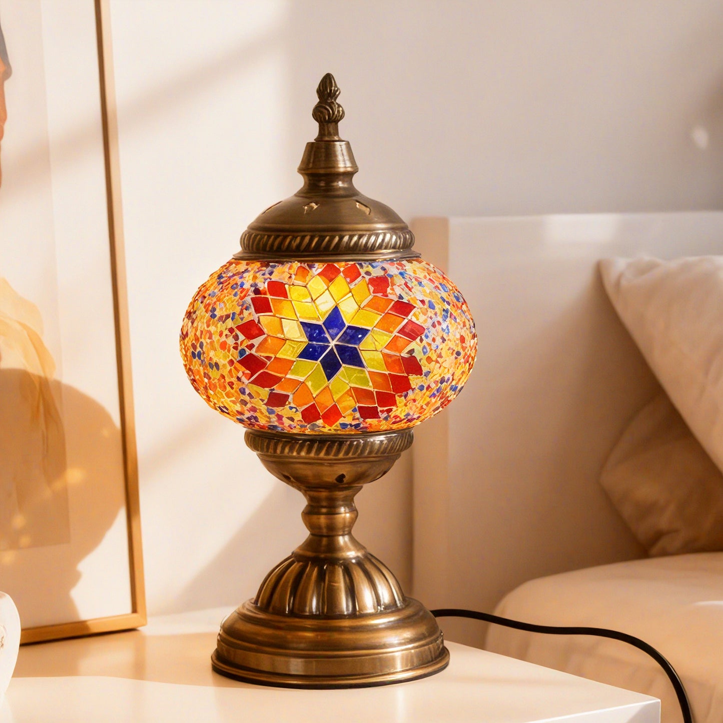 Turkish Moroccan Mosaic Table Lamp - Handcrafted Star Pattern Stained Glass Accent Lamp with Antique Bronze Base, E26 Warm Light Bulb Included