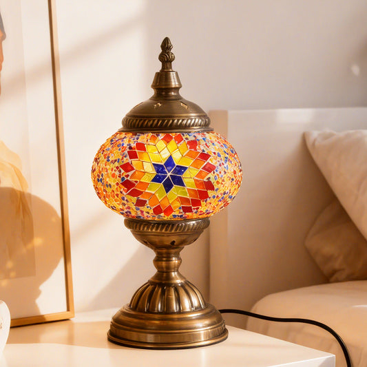 Turkish Moroccan Mosaic Table Lamp - Handcrafted Star Pattern Stained Glass Accent Lamp with Antique Bronze Base, E26 Warm Light Bulb Included