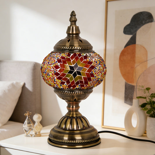 Turkish Moroccan Mosaic Table Lamp - Handcrafted Star Pattern Stained Glass Accent Lamp with Antique Bronze Base, E26 Warm Light Bulb Included