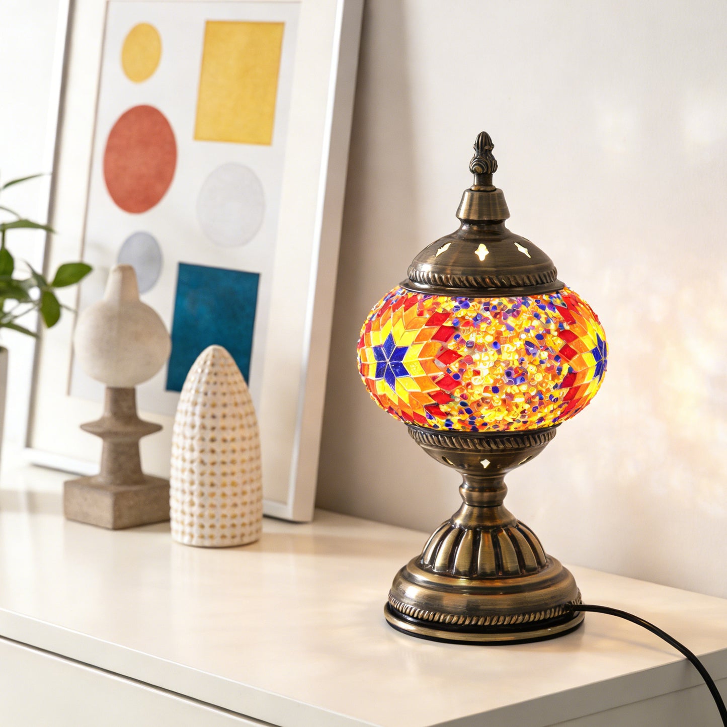 Turkish Moroccan Mosaic Table Lamp - Handcrafted Star Pattern Stained Glass Accent Lamp with Antique Bronze Base, E26 Warm Light Bulb Included