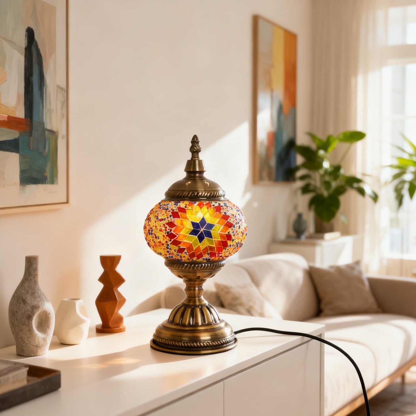 Turkish Moroccan Mosaic Table Lamp - Handcrafted Star Pattern Stained Glass Accent Lamp with Antique Bronze Base, E26 Warm Light Bulb Included