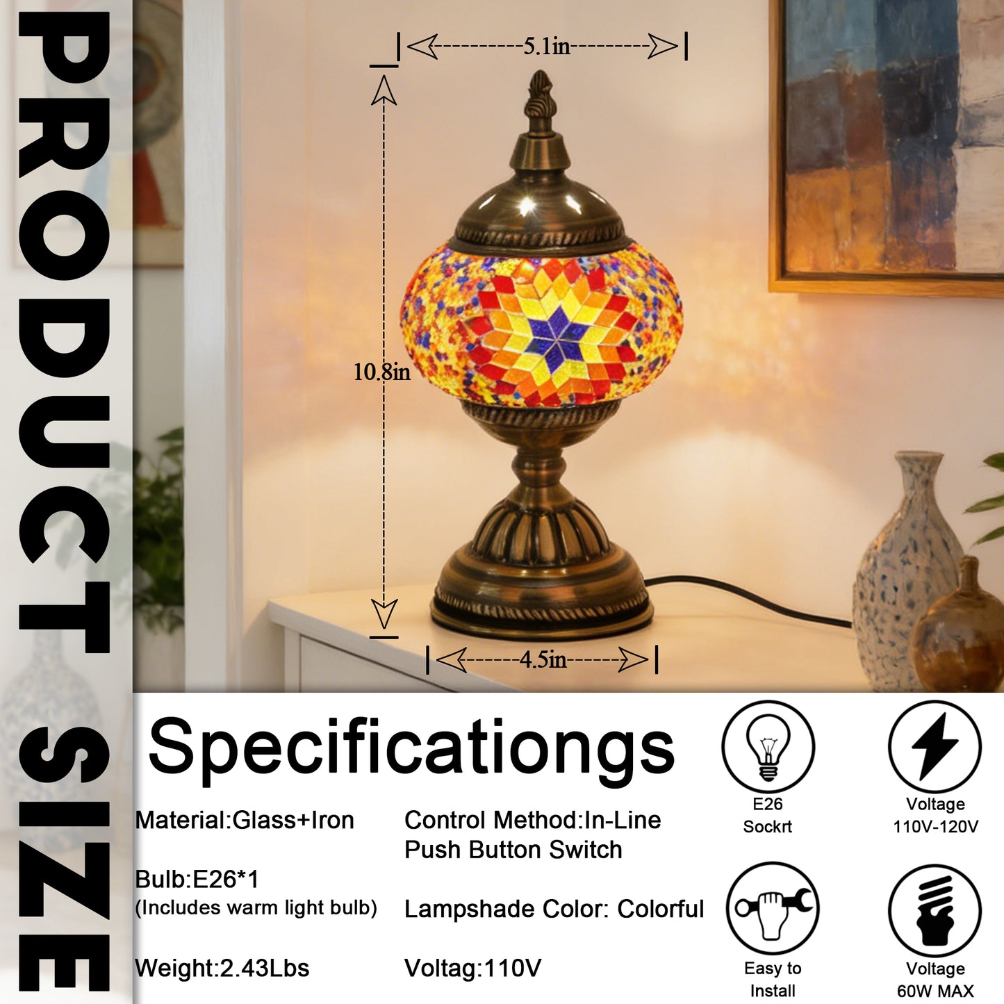 Turkish Moroccan Mosaic Table Lamp - Handcrafted Star Pattern Stained Glass Accent Lamp with Antique Bronze Base, E26 Warm Light Bulb Included
