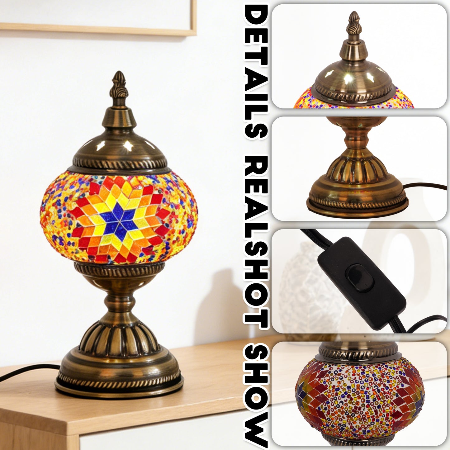 Turkish Moroccan Mosaic Table Lamp - Handcrafted Star Pattern Stained Glass Accent Lamp with Antique Bronze Base, E26 Warm Light Bulb Included