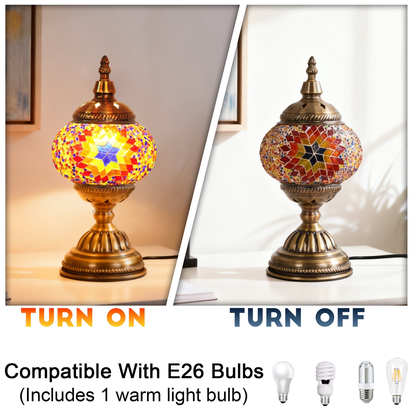 Turkish Moroccan Mosaic Table Lamp - Handcrafted Star Pattern Stained Glass Accent Lamp with Antique Bronze Base, E26 Warm Light Bulb Included