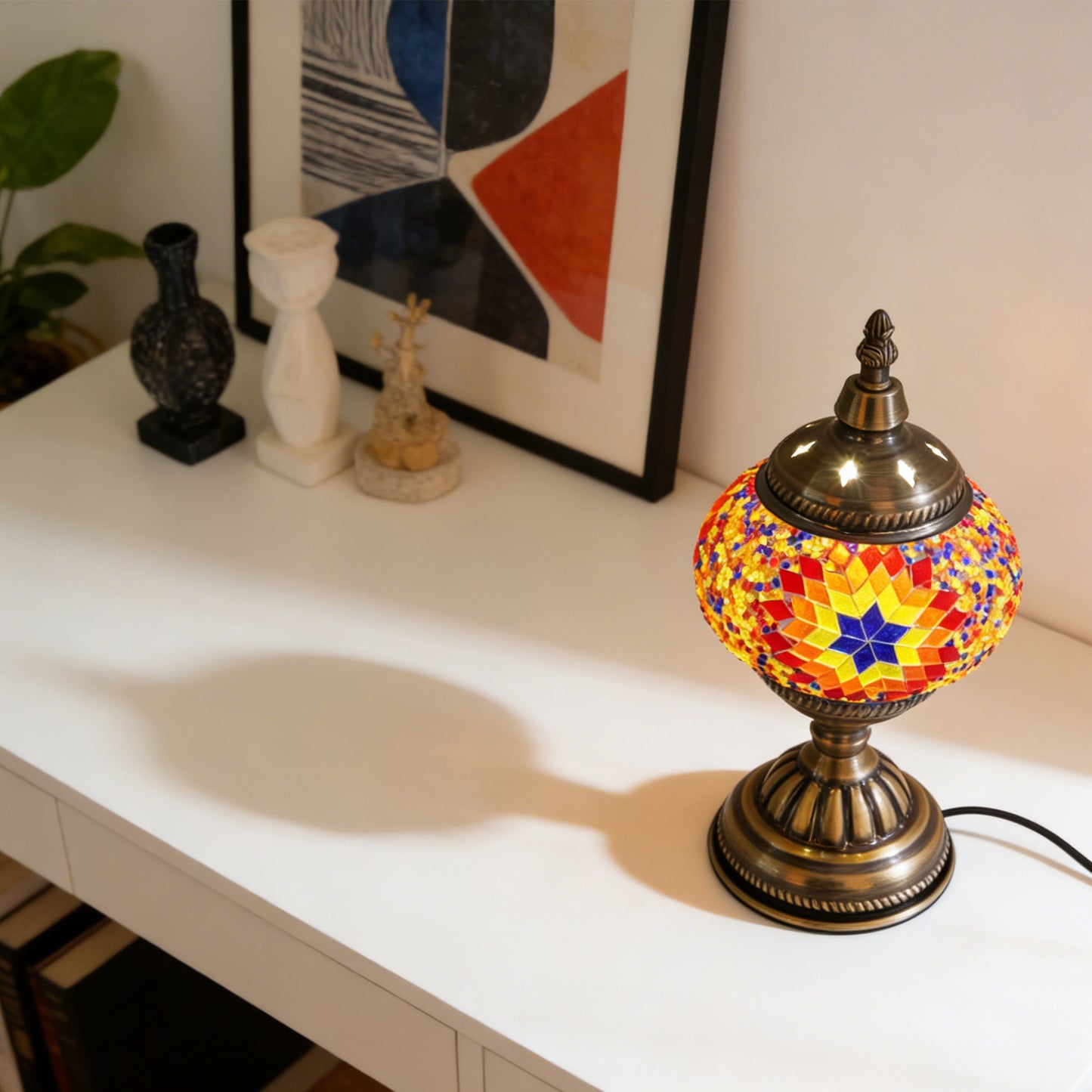 Turkish Moroccan Mosaic Table Lamp - Handcrafted Star Pattern Stained Glass Accent Lamp with Antique Bronze Base, E26 Warm Light Bulb Included