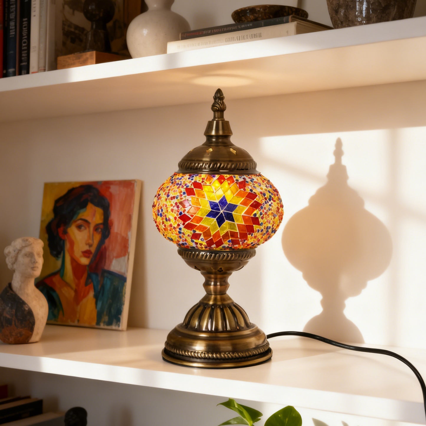 Turkish Moroccan Mosaic Table Lamp - Handcrafted Star Pattern Stained Glass Accent Lamp with Antique Bronze Base, E26 Warm Light Bulb Included