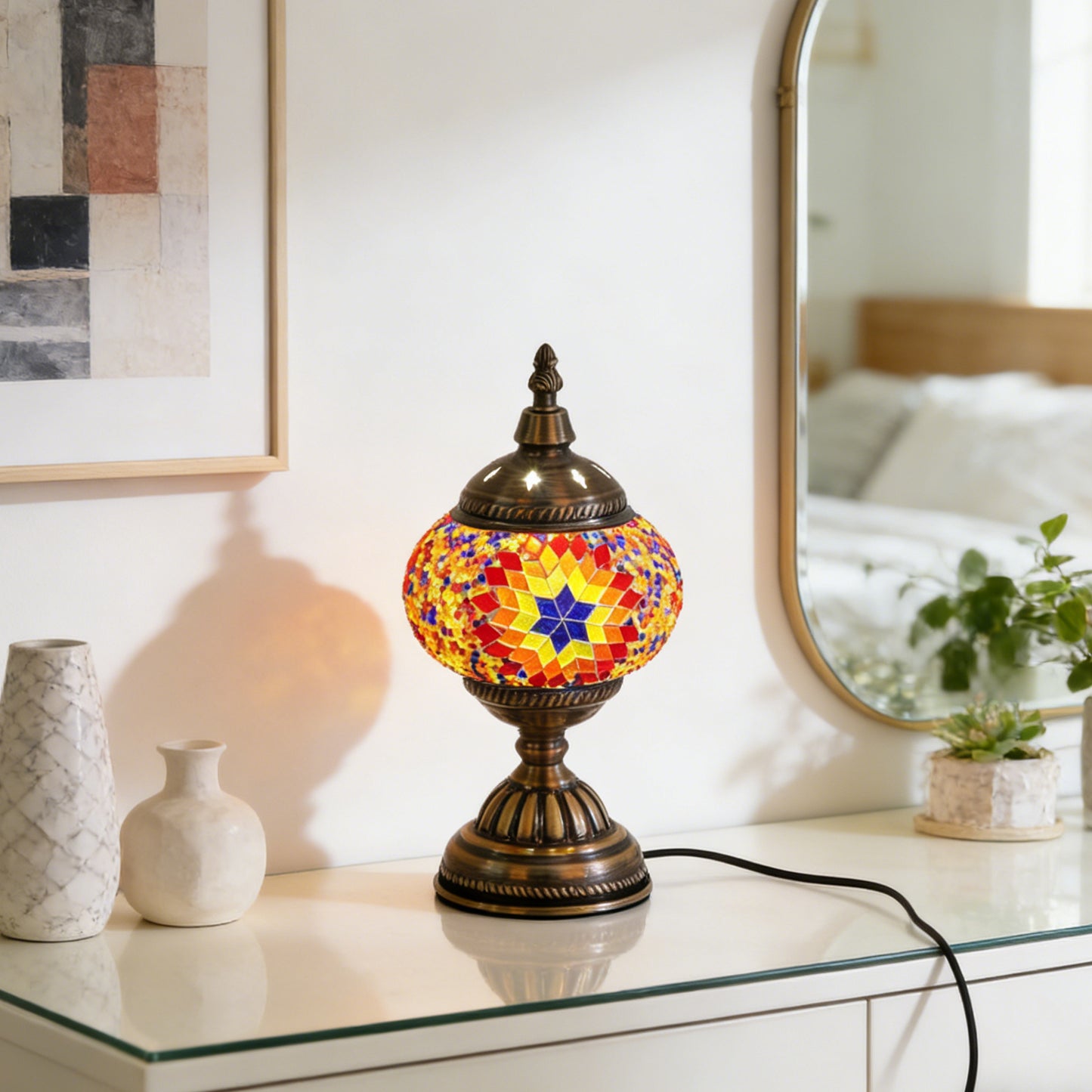 Turkish Moroccan Mosaic Table Lamp - Handcrafted Star Pattern Stained Glass Accent Lamp with Antique Bronze Base, E26 Warm Light Bulb Included