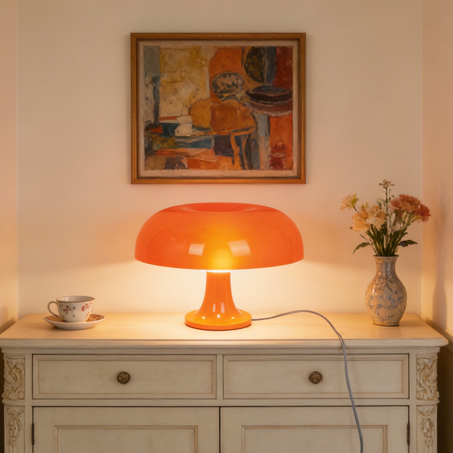 Mid-Century Modern Orange Mushroom Table Lamp - 3-Color Dimmable LED Accent Lamp, Retro Donut Shape Night Light(E14 Base, 3-Color Light Source Included)