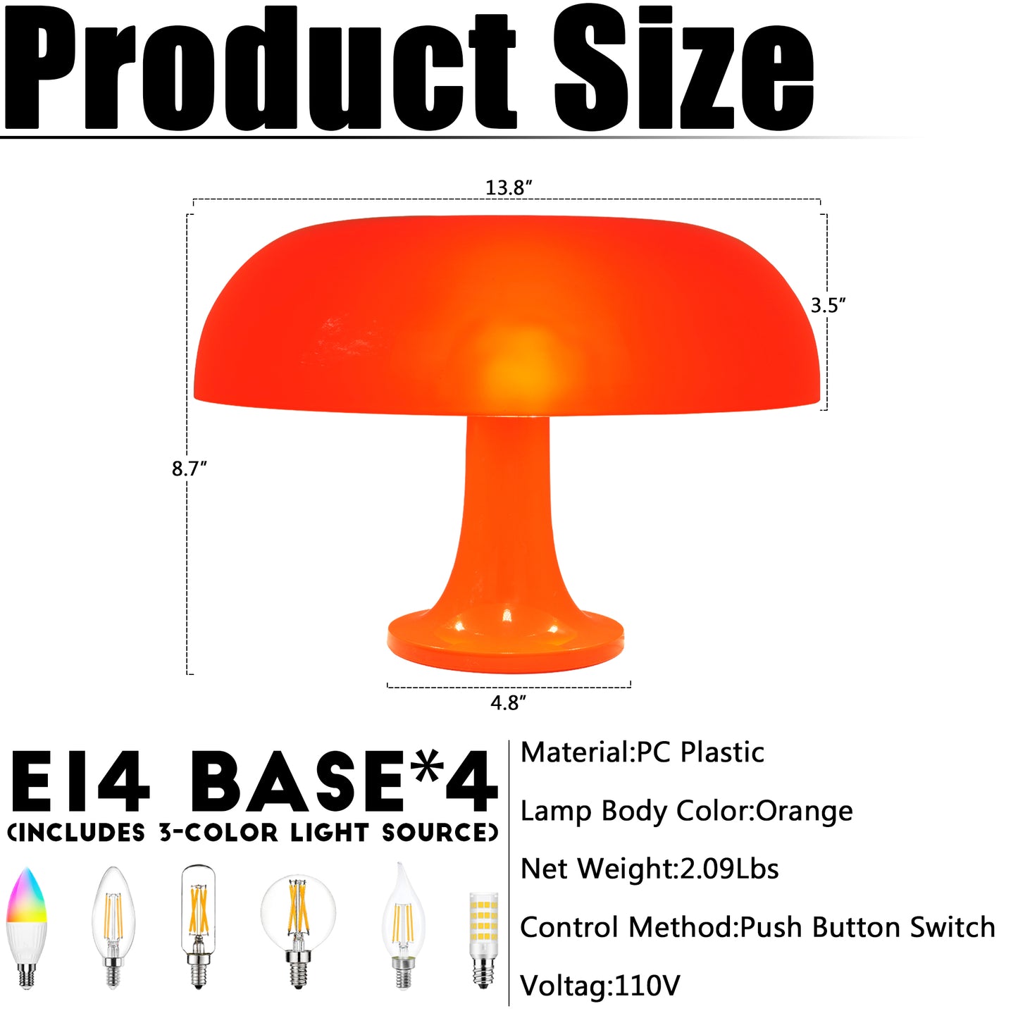 Mid-Century Modern Orange Mushroom Table Lamp - 3-Color Dimmable LED Accent Lamp, Retro Donut Shape Night Light(E14 Base, 3-Color Light Source Included)