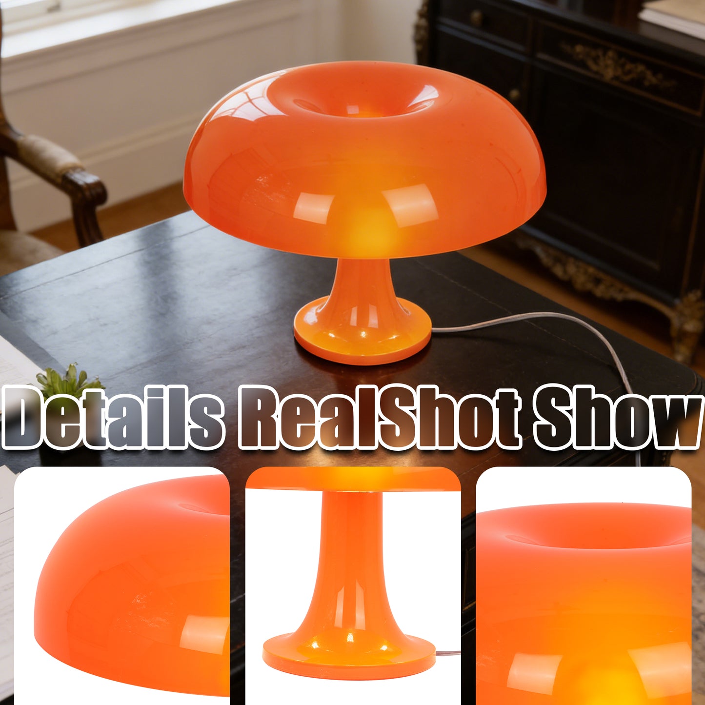 Mid-Century Modern Orange Mushroom Table Lamp - 3-Color Dimmable LED Accent Lamp, Retro Donut Shape Night Light(E14 Base, 3-Color Light Source Included)